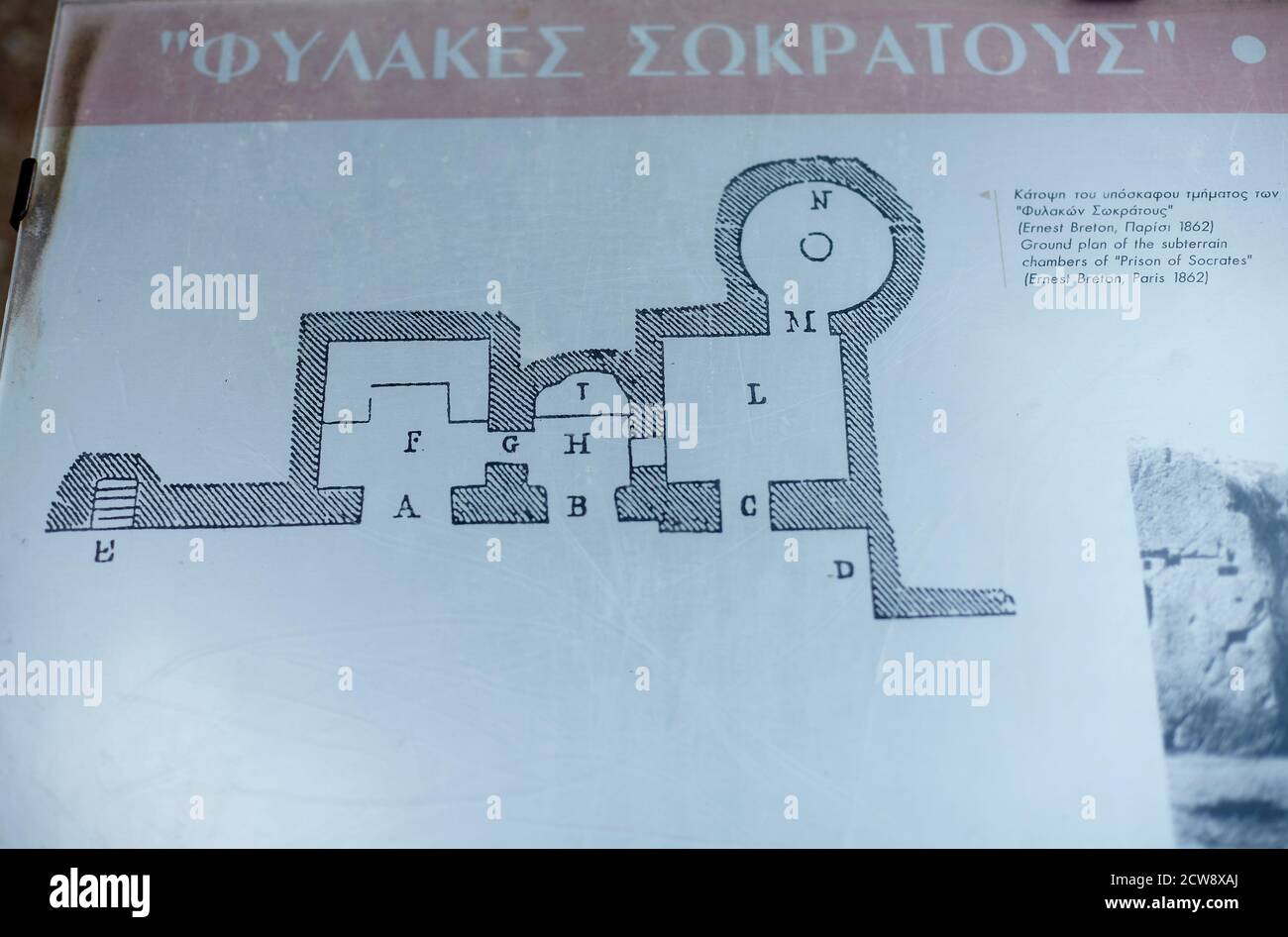 Mappa dei cartelli della prigione Socrates ad Atene, Grecia Foto Stock