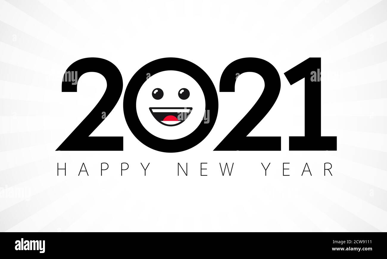 2021 numeri neri con emoji, biglietto d'auguri felice anno nuovo. 20 & 21 numero di congratulazioni, round isolato emoticon sorriso per banner di Natale Illustrazione Vettoriale