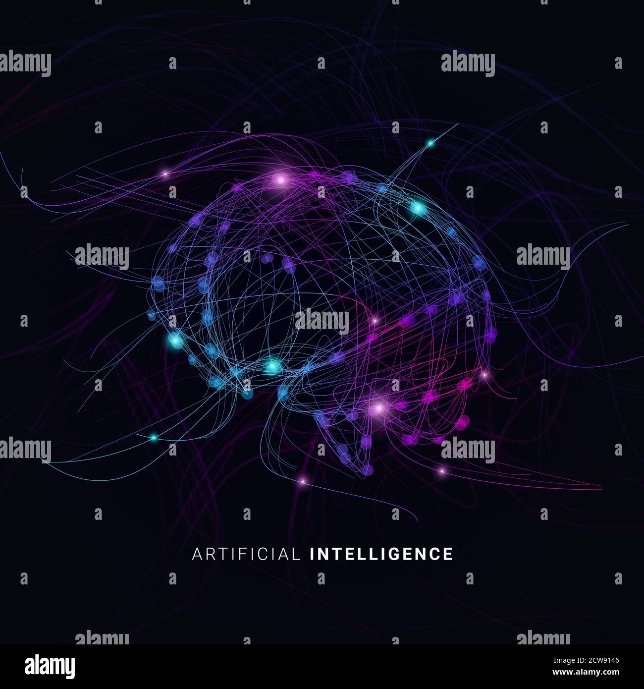 Illustrazione concettuale dell'intelligenza artificiale con Digital Brain realizzato in Neural Linee di collegamento Foto Stock