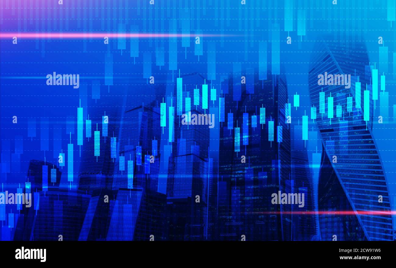 Economia globale sfondo blu, grafici di dati finanziari sul paesaggio urbano, Collage Foto Stock