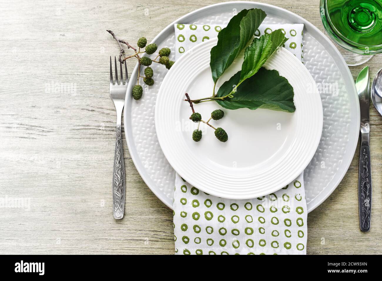 Impostazione del tavolo estivo in tonalità verde. Piatti, posate, tovaglioli e alder ramo. Foto Stock