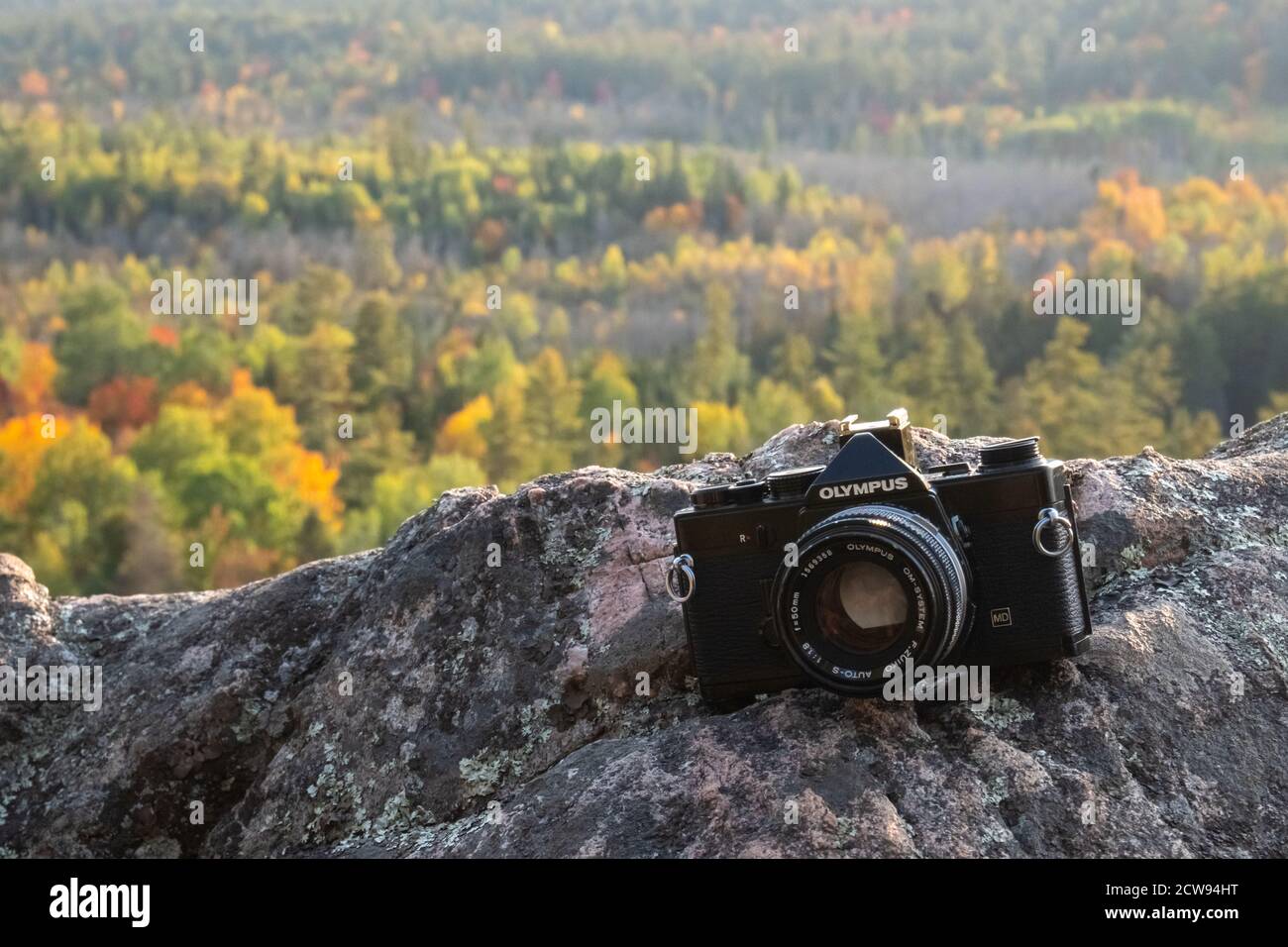 Una telecamera analogica Olympus OM-1n per il formato di film da 35 mm si trova sulla roccia all'aperto sopra una scogliera in Ontario, Canada, con una foresta mista alle sue spalle all'inizio Foto Stock
