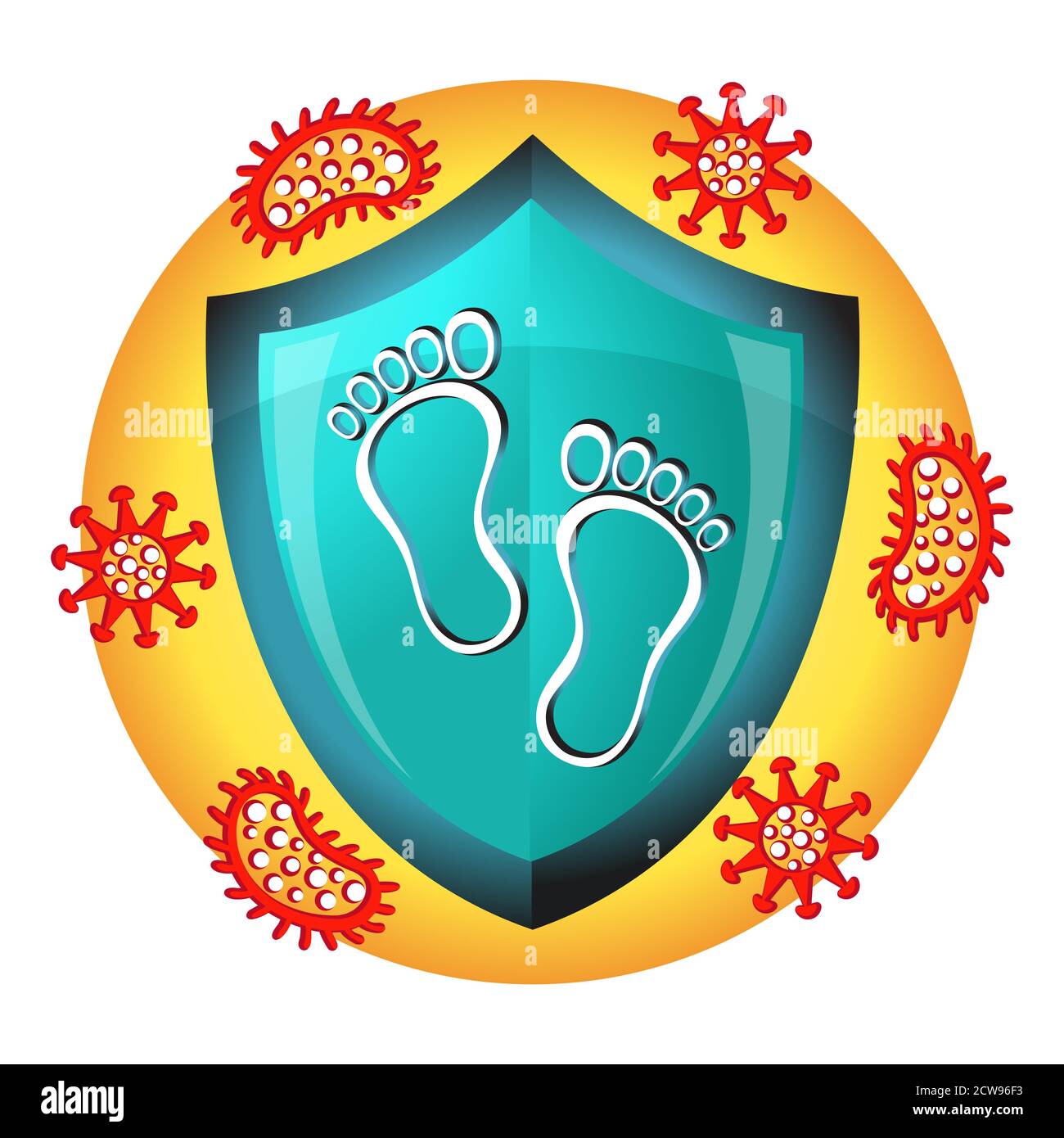 Icona del vettore di trattamento del fungo dell'unghia del piede. Protezione delle gambe da infezioni fungine. Impronte protette da batteri da scudo medico. Igiene della pelle Illustrazione Vettoriale