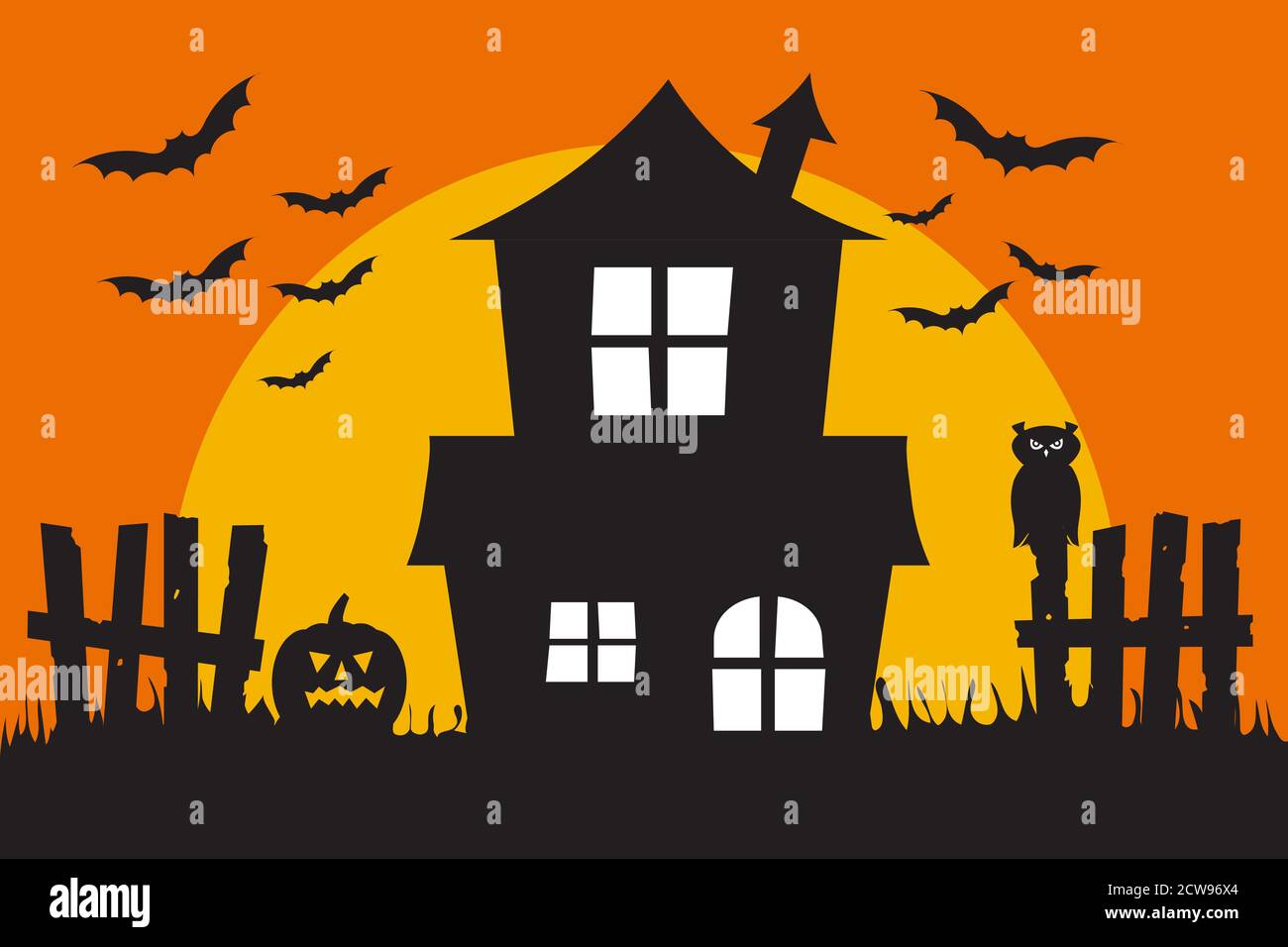 Scena spaventosa di Halloween con la vecchia silhouette di casa davanti alla luna e il cielo arancione con pipistrelli. Illustrazione del vettore di concetto di festa di Halloween Illustrazione Vettoriale