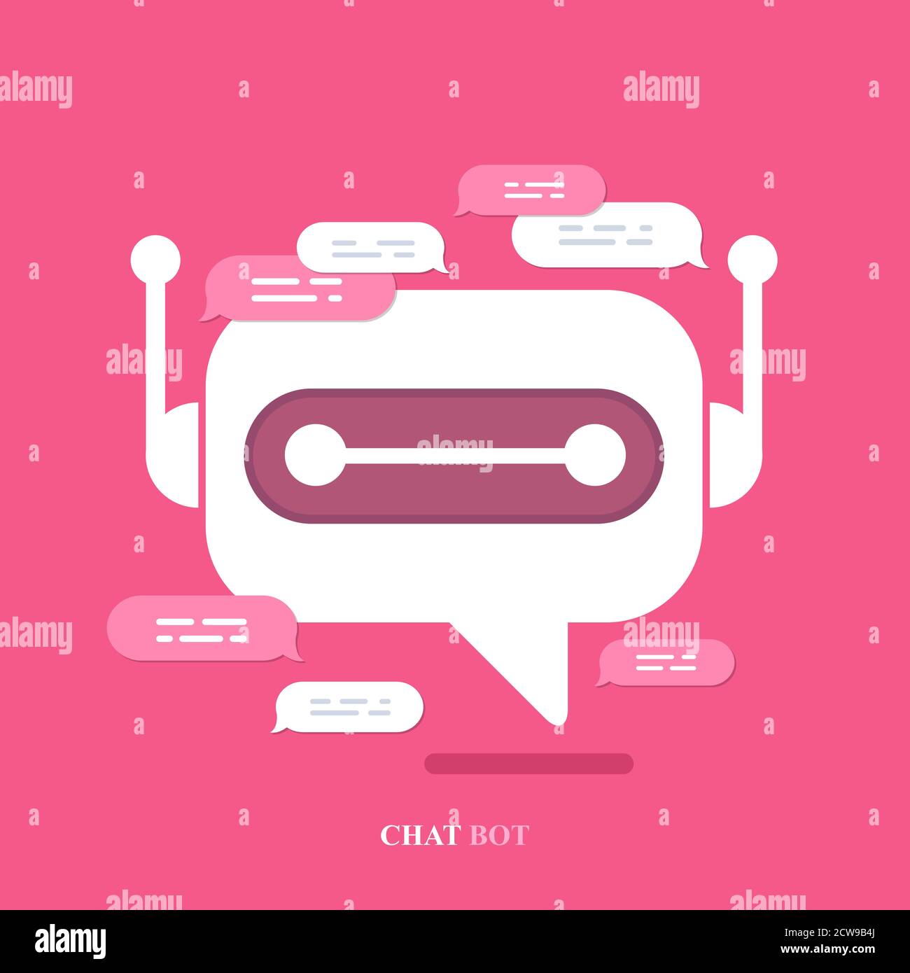 Vettore moderno flat chat bot con le icone della bolla del parlato su sfondo rosa. Illustrazione Vettoriale