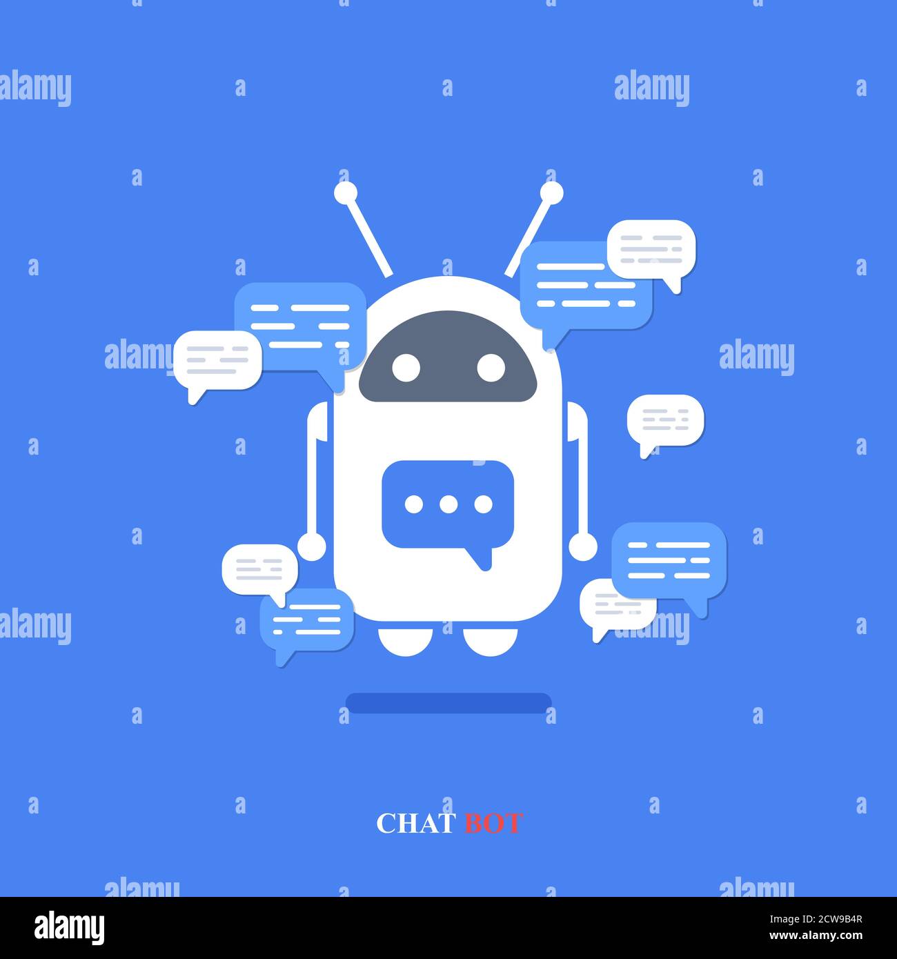 Vettore moderno flat chat bot con le icone della bolla del parlato su sfondo blu. Illustrazione Vettoriale