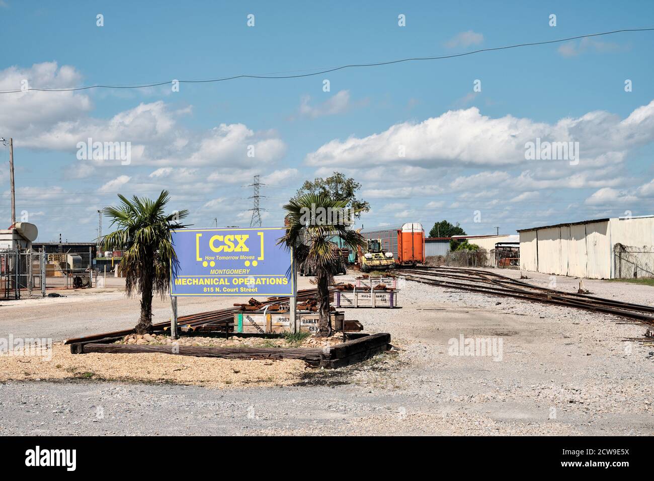 CSX Railroad manutenzione cantiere entrata a Montgomery Alabama, Stati Uniti. Foto Stock
