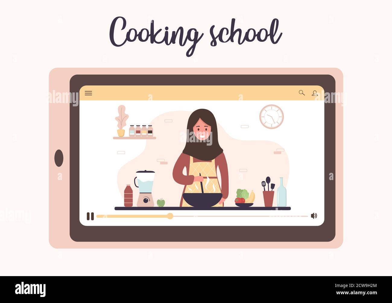 Scuola di cucina. Master class culinario online. Ragazza araba in hijab che prepara i pasti fatti in casa per pranzo o cena. Lo chef insegna a cucinare. Imparare a. Illustrazione Vettoriale