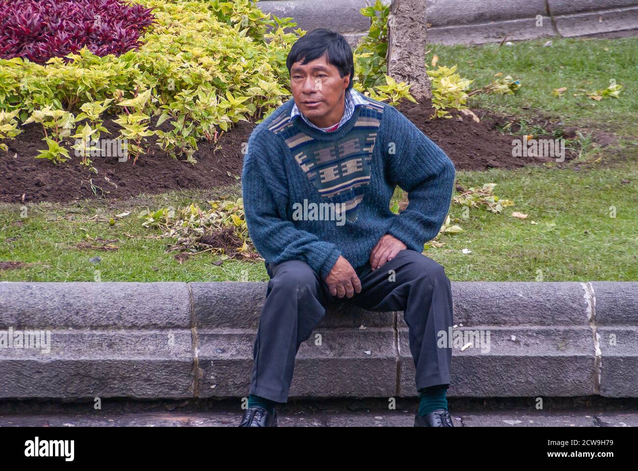 Quito, Ecuador - 2 dicembre 2008: Closeup di uomo di mezza età con maglia  blu gilet pullover e pantaloni grigi seduta sulla pietra di bordo di prato  verde di Foto stock - Alamy