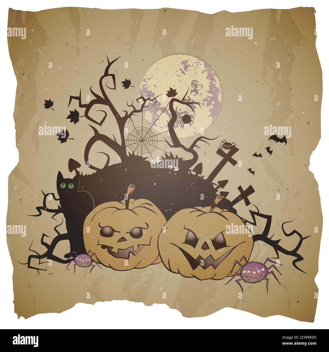 Illustrazione di Halloween vettoriale con zucche grinning, ragni e gatto nero su sfondo grunge. Illustrazione Vettoriale