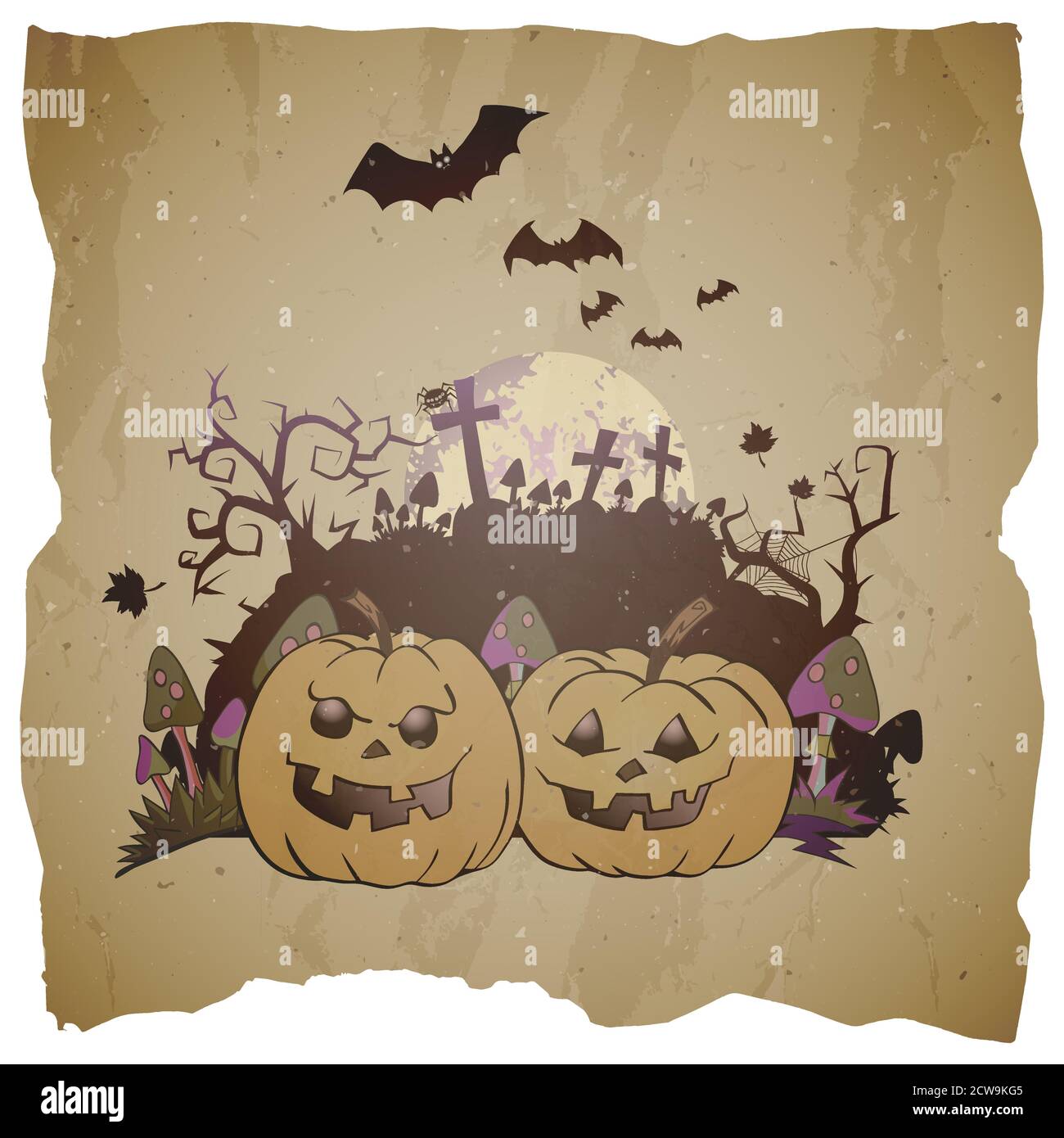 Vettore Halloween illustrazione con grinning Pumpkins, pipistrello e gatto nero su sfondo grunge. Illustrazione Vettoriale