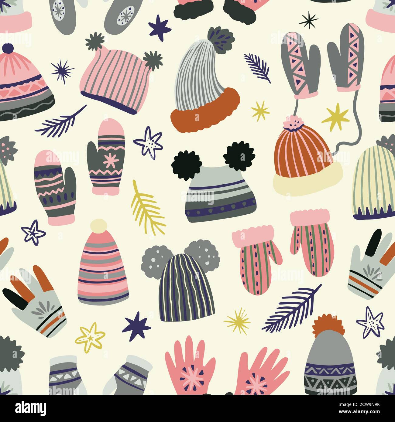 Carino vettore senza cuciture modello di abbigliamento invernale, cappelli, guanti e guanti. Elementi di doodle disegnati a mano libera. Illustrazione Vettoriale