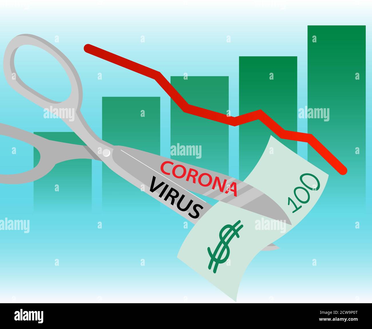 Coronavirus COVID-19 impatto dell'epidemia sull'economia globale e sui mercati azionari, concetto di crisi finanziaria. Il grafico della caduta del mercato economico Illustrazione Vettoriale