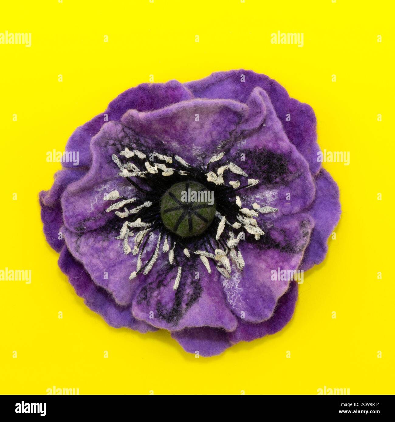 feltro fatto a mano, fiori, fiore viola su sfondo giallo Foto Stock