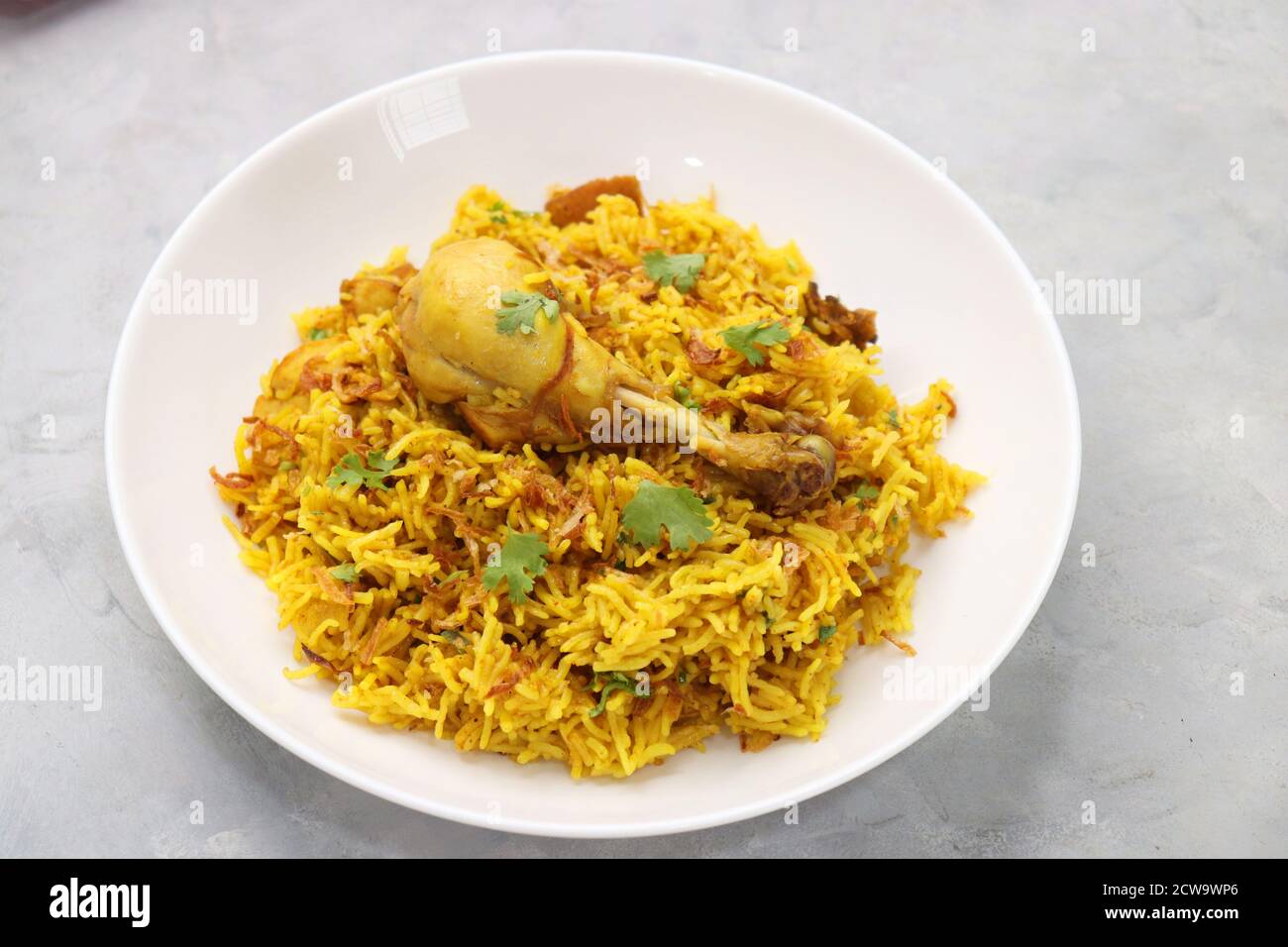 Biryani di pollo, Pollo Pulav. Guarnito con cipolla fritta e coriandolo. Biryani servito con raita è un famoso piatto di riso piccante non vegetariano dell'India. Foto Stock