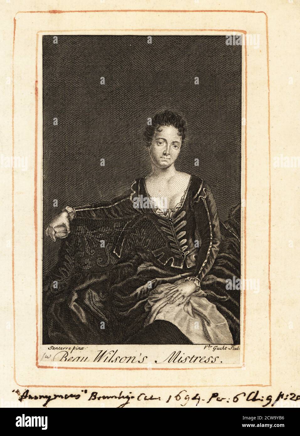 Elizabeth Villiers, come Mistress di Beau Wilson. Wilson fu ucciso da John Law in un duello sulle sue affezioni nel 1694. Più tardi Elizabeth Hamilton, contessa di Orkney (1657-1733). Amante del re Guglielmo III d'Inghilterra, sposato con George Hamilton, i conte di Orkney. Incisione su copperplate di Gerard Vandergucht dopo un dipinto di Jean-Baptiste Santerre, pubblicato a Londra, intorno al 1790. Foto Stock