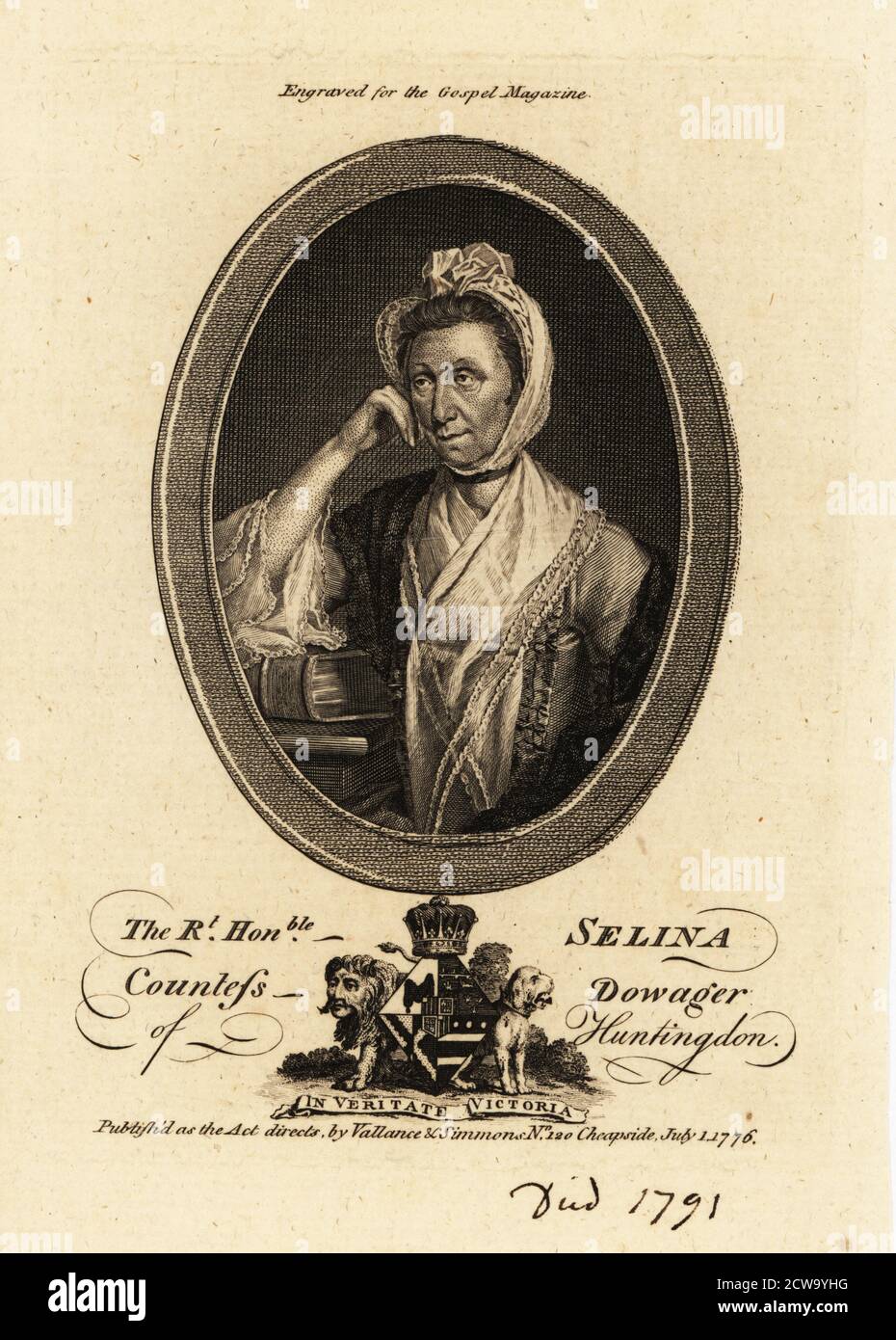 Selina Hastings, contessa Dowager di Huntingdon (1707-1791), leader religioso inglese che ha svolto un ruolo di primo piano nel movimento metodista del XVIII secolo. Sposò Theophilus Hastings, 9° conte di Huntingdon, Ritratto in cornice ovale, decorato con stemma. Incisione su copperplate per la rivista Gospel, edita da Vallance e Simmons, 120 Cheapside, Londra, 1776. Foto Stock