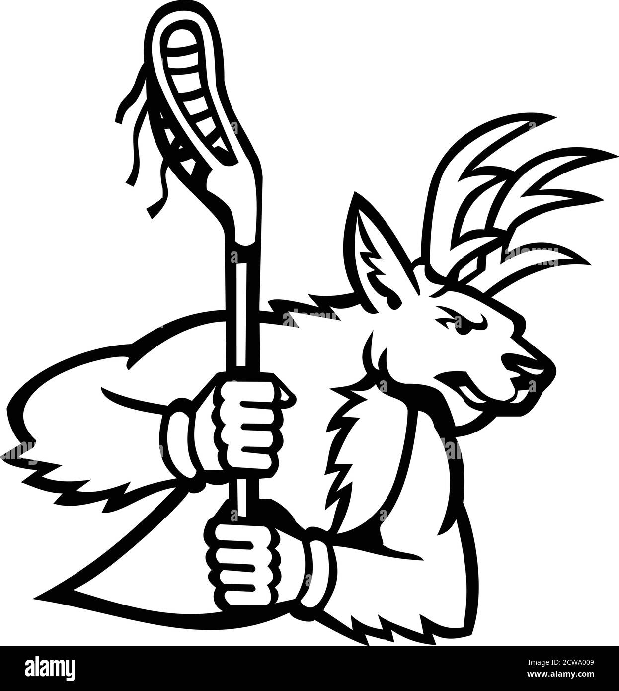 Mascot nero e bianco illustrazione di un cervo stag o buck con un bastone lacrosse vista da un lato su sfondo isolato in stile retrò. Illustrazione Vettoriale