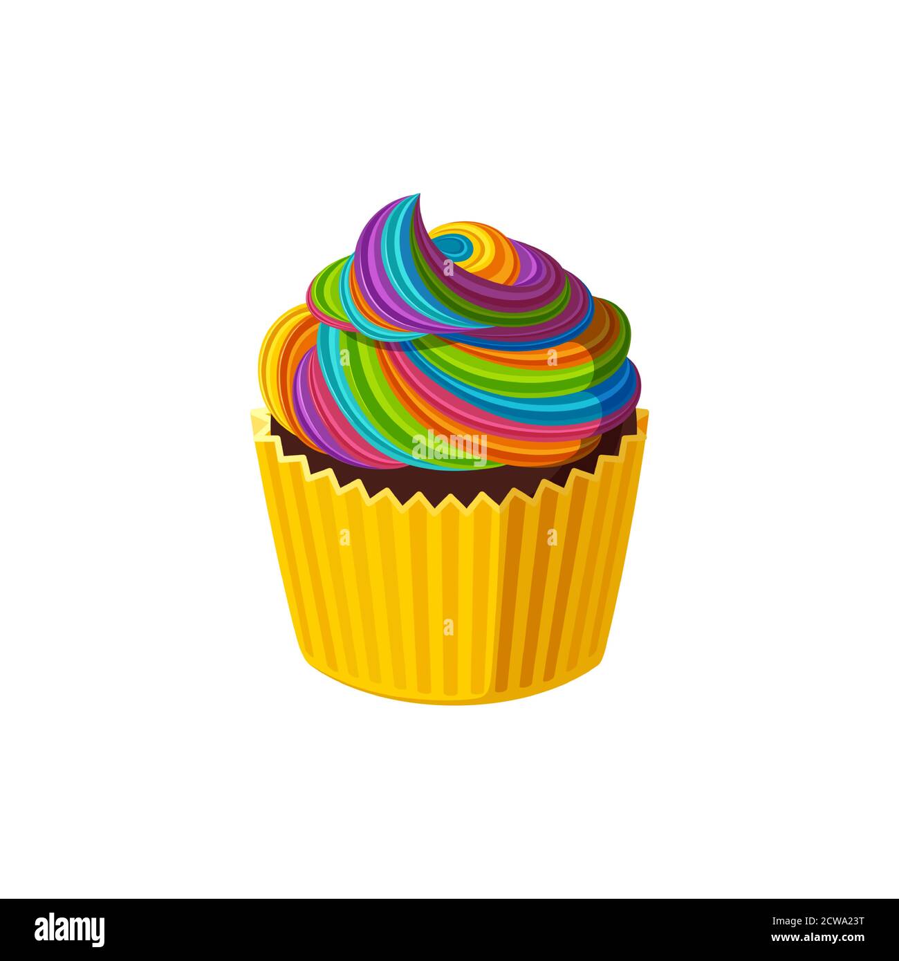 Cupcake con ghiaccio arcobaleno roteato. Gustoso muffin con crema colorata. Illustrazione vettoriale in simpatico stile cartoon Illustrazione Vettoriale