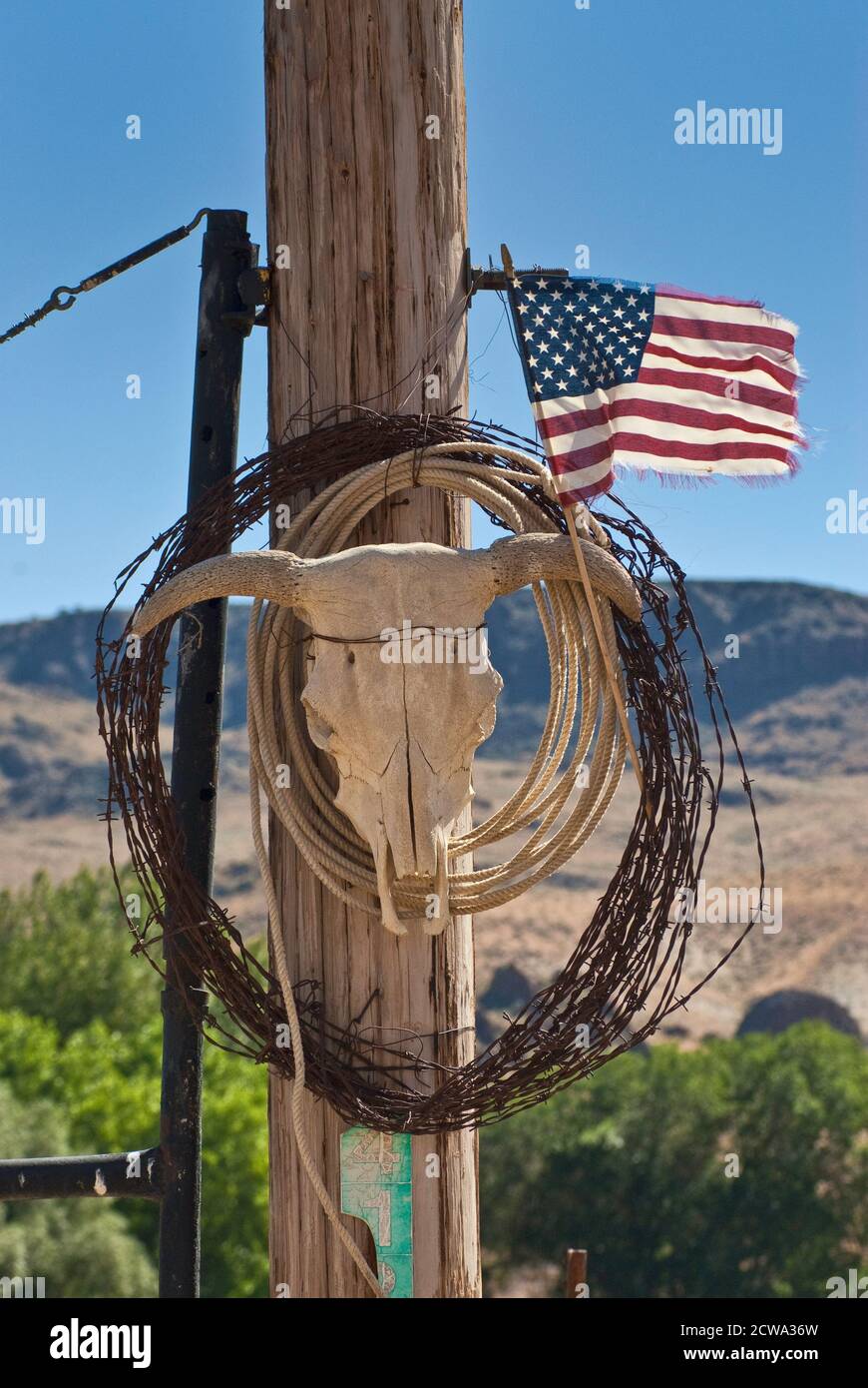 Bobina di filo spinato, lazo, cranio toro e bandiera americana sfilacciata al posto di cancello del ranch in Succor Creek Valley, High Desert Region, Oregon, USA Foto Stock