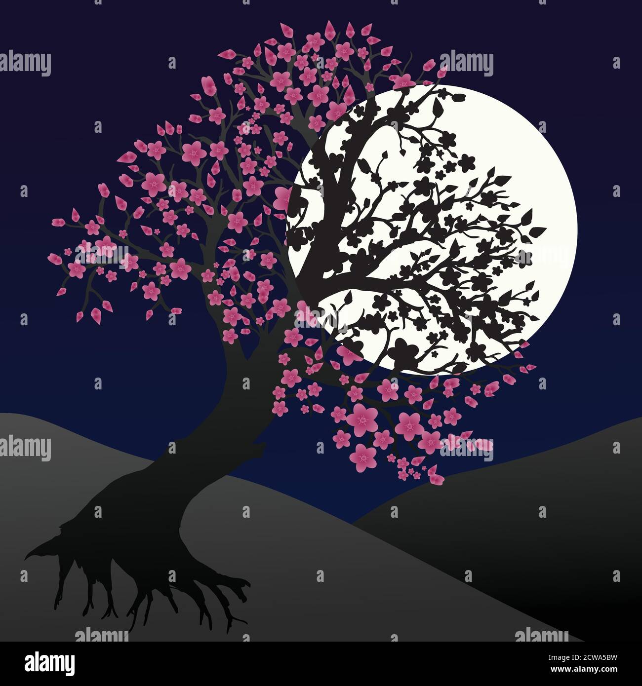 Paesaggio di notte con un bel fiore tree.There è un luna enorme nel cielo Illustrazione Vettoriale