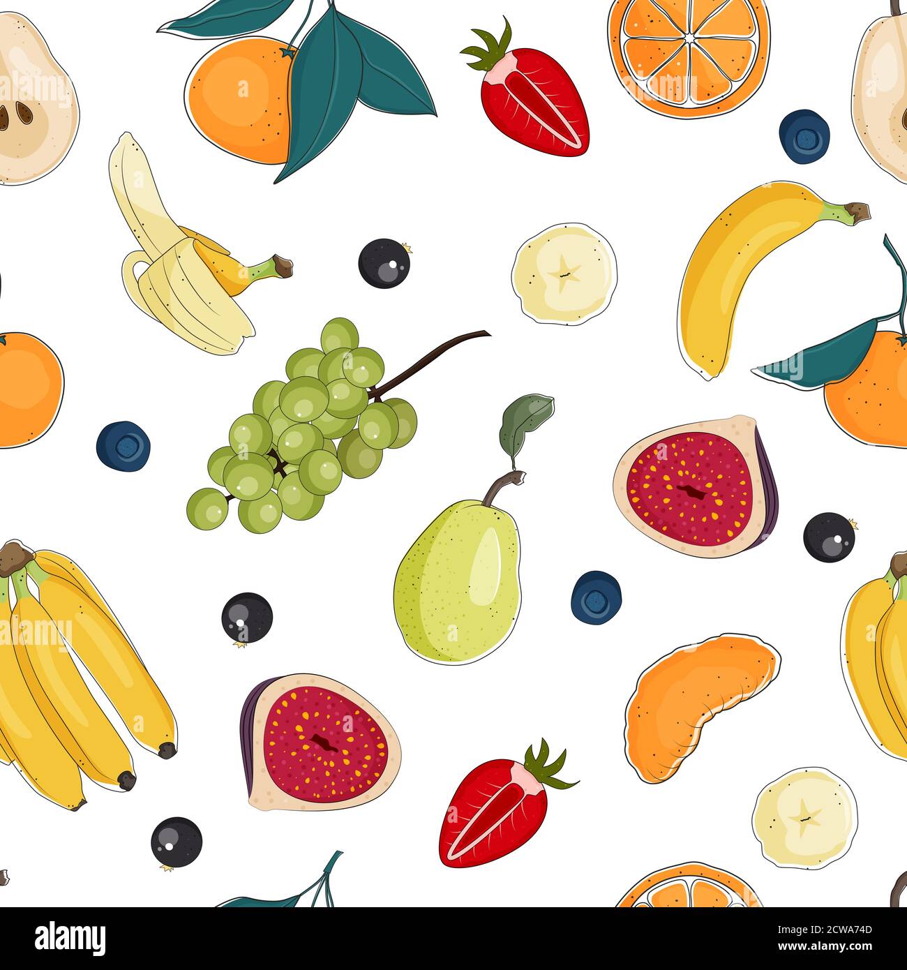 Frutti e bacche motivo senza cuciture su sfondo bianco, illustrazione vettoriale stock. Illustrazione Vettoriale