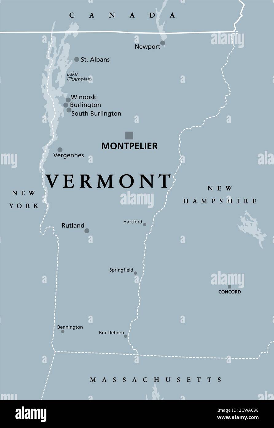 Vermont, VT, mappa politica grigia con la capitale Montpelier. Stato nordorientale nella regione del New England degli Stati Uniti d'America. Foto Stock