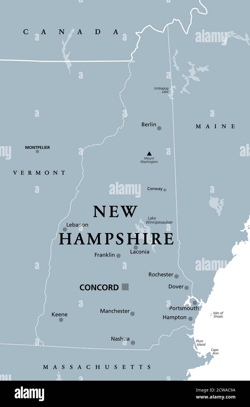 New Hampshire, NH, mappa politica grigia, con la capitale Concord. Stato nella regione del New England degli Stati Uniti d'America. Lo Stato di granito. Foto Stock