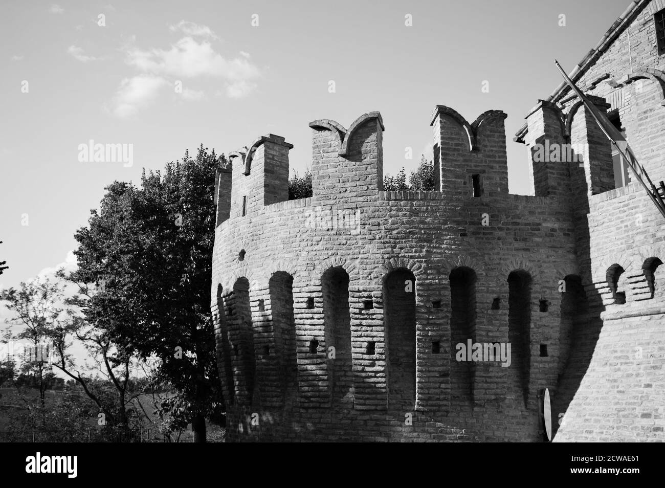 Un bastione con merli di un castello medievale italiano (Corinaldo, Marche, Italia, Europa) Foto Stock