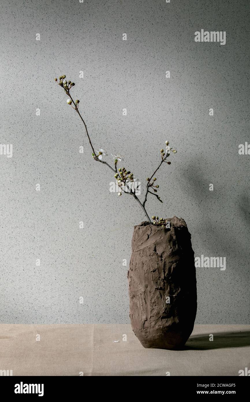 Rami di ciliegio in vaso di argilla artigianale su tela grigia da tavola. Decorazioni primaverili interne. Foto Stock