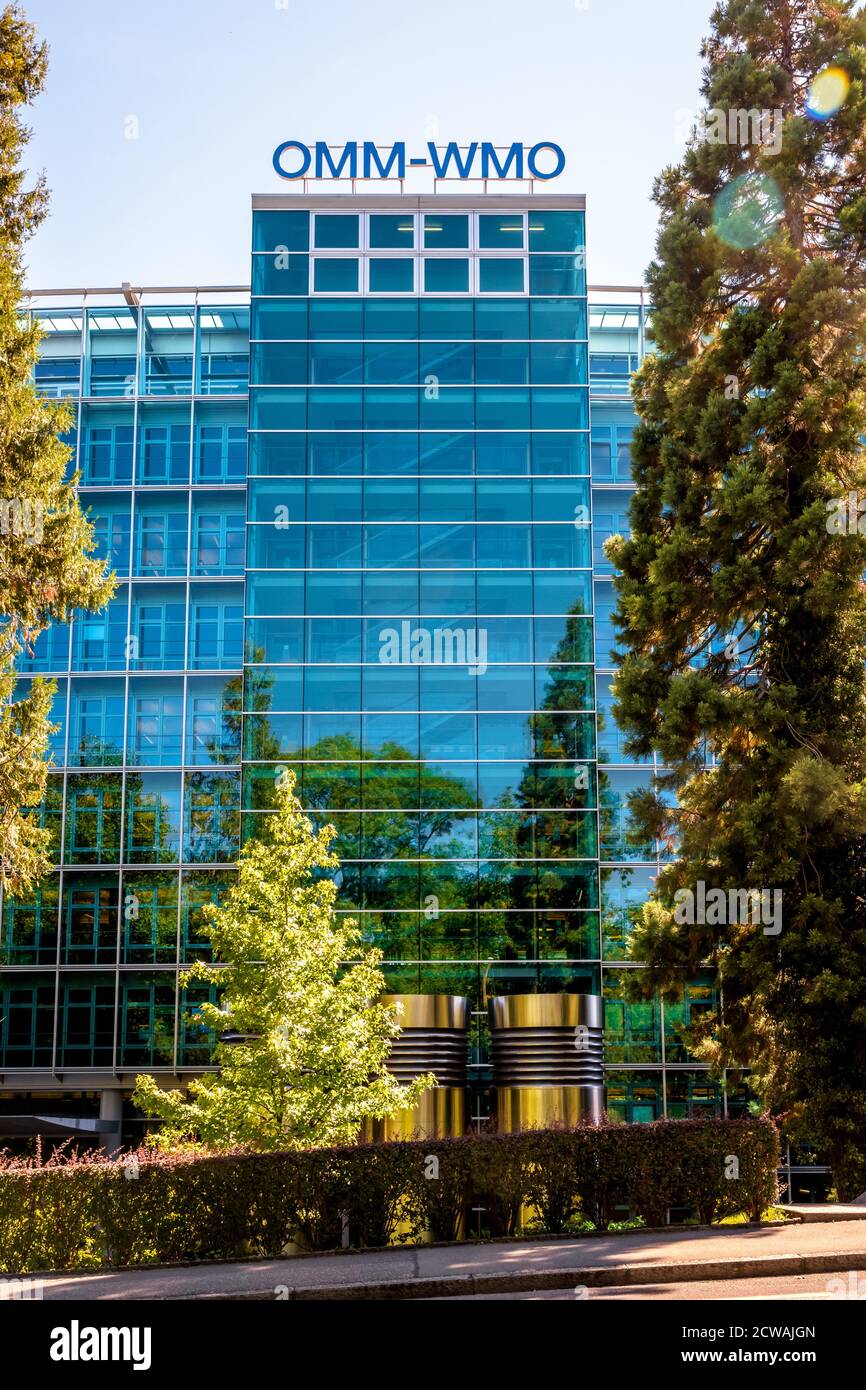 Sede dell'Organizzazione Meteorologica Mondiale (OMM) a Ginevra, Svizzera, un'agenzia delle Nazioni Unite che promuove la cooperazione internazionale in materia di scienza del clima Foto Stock