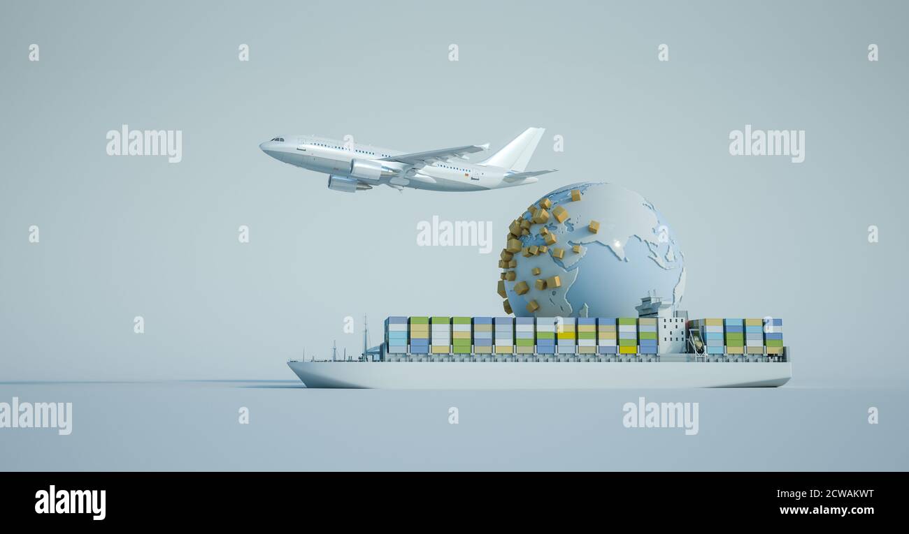 Rendering 3D della Terra circondato da pacchetti, un aereo volante e una nave cargo container Foto Stock