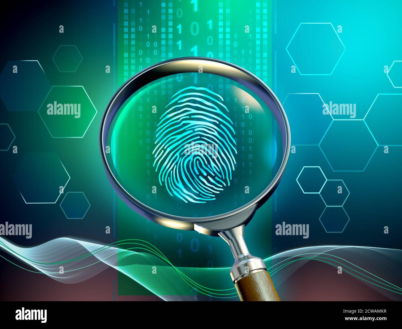 Lente di ingrandimento che rivalita una fingerprint in un flusso di dati. Illustrazione 3D. Foto Stock