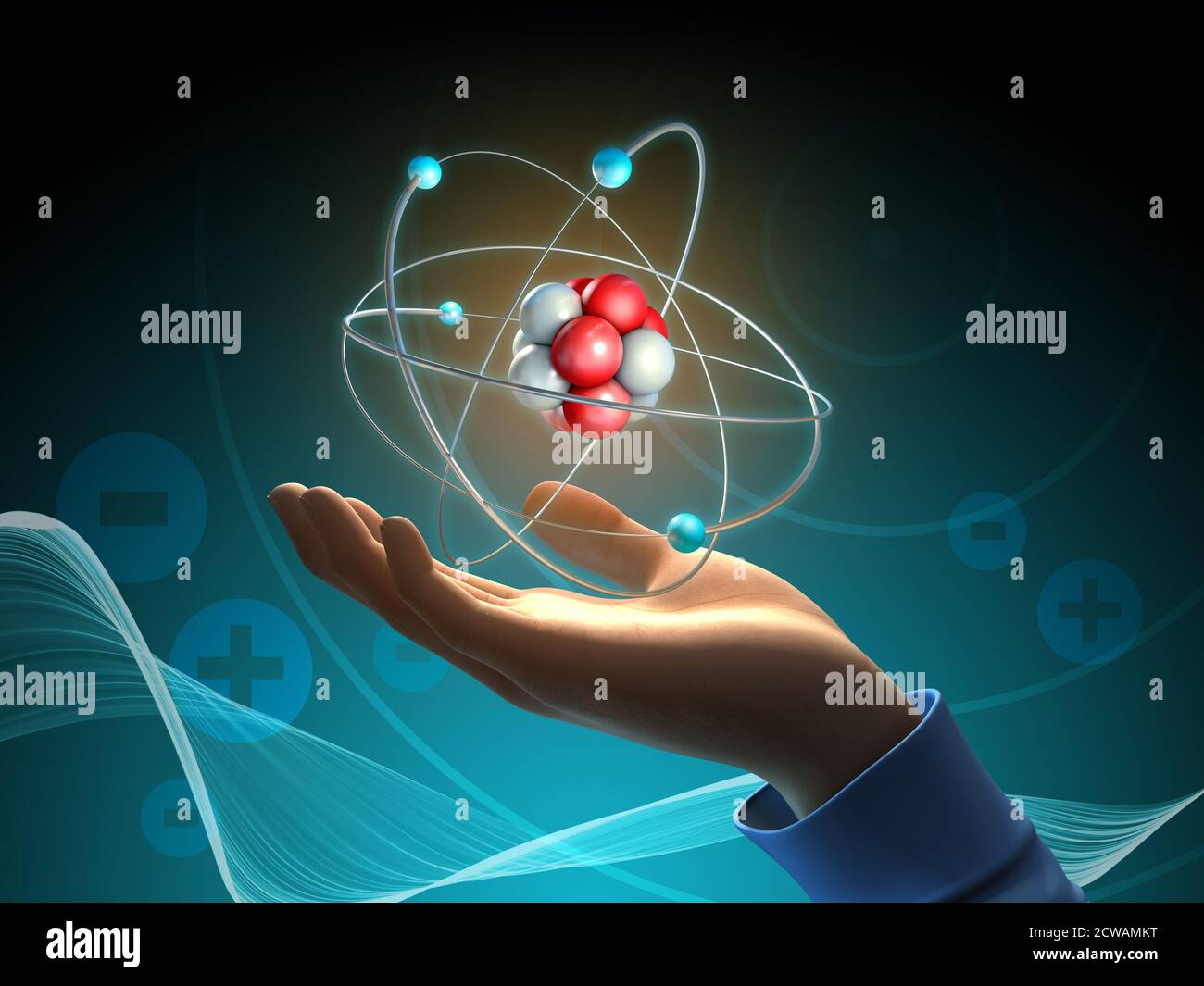 Immagine concettuale sull'atomo come fonte di energia. Illustrazione 3D. Foto Stock