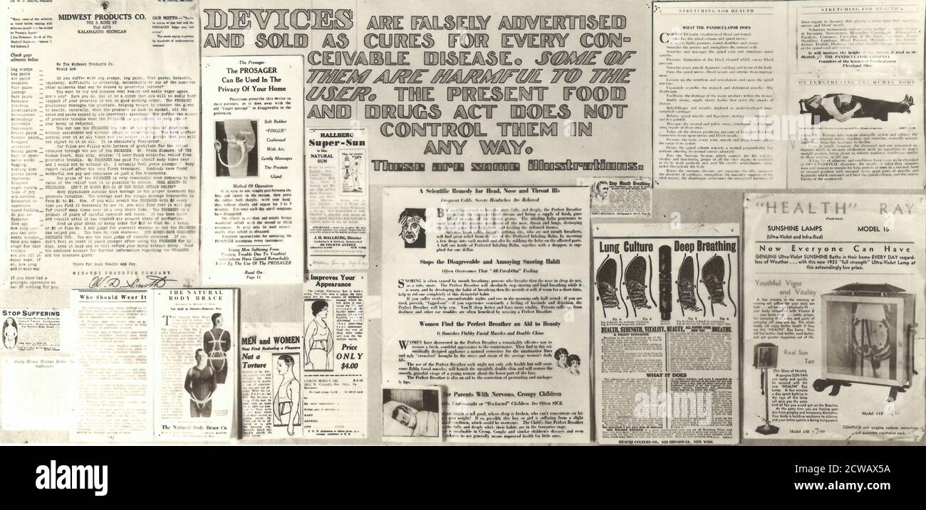 I dispositivi di Quack, ampiamente commercializzati attraverso i media come la radio dopo la prima guerra mondiale, promettevano falsamente cure per vari disturbi. A causa della mancanza di regolamentazione ai sensi del Pure Food and Drugs Act, la FDA non poté intervenire fino agli anni '1930, quando iniziò a perseguire i casi di frode postale con il servizio postale degli Stati Uniti. Foto Stock