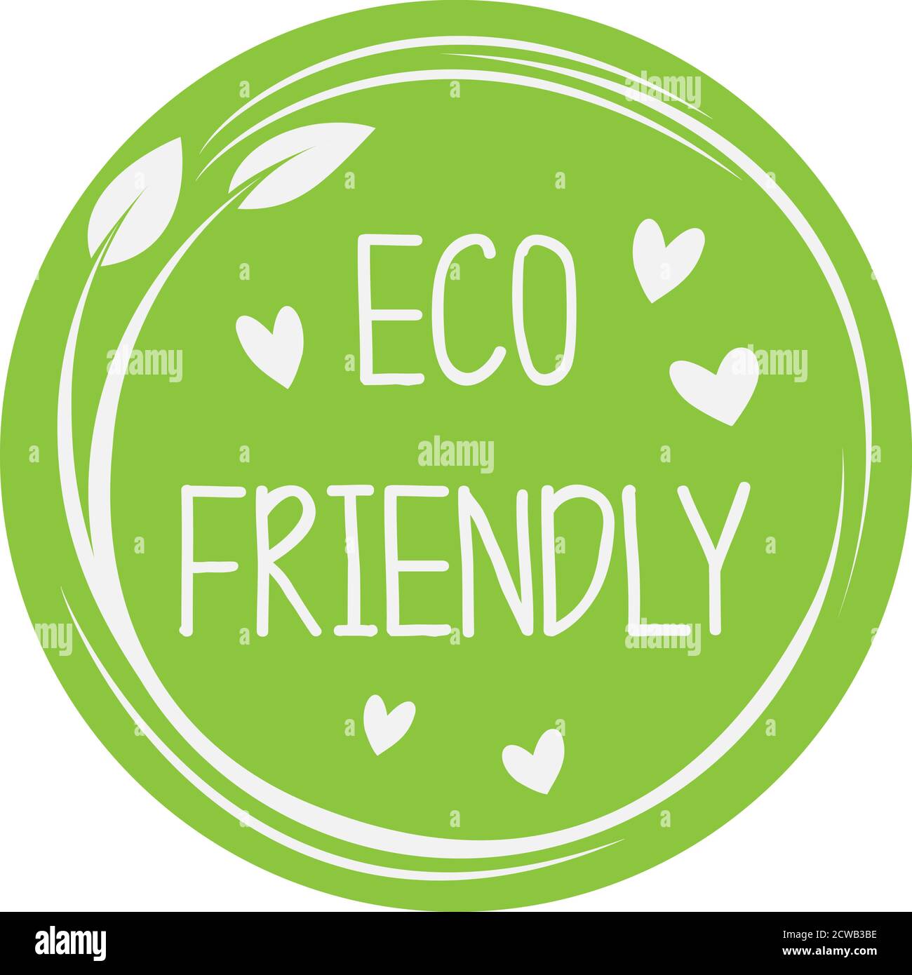 adesivo o etichetta verde circolare eco-compatibile con foglie e. icone del cuore illustrazione vettoriale Illustrazione Vettoriale