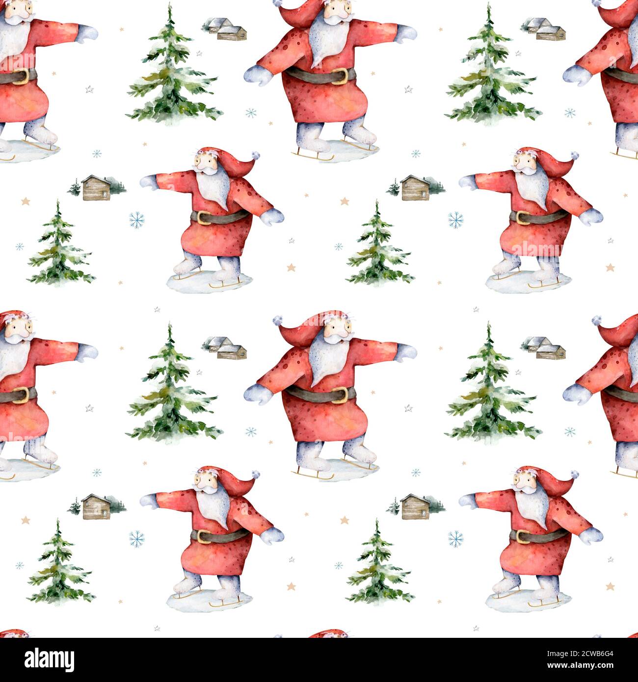 Schema senza cuciture con pattinaggio Babbo Natale in foresta, fiocchi di neve e abeti. Illustrazione invernale con acquerello disegnata a mano Foto Stock