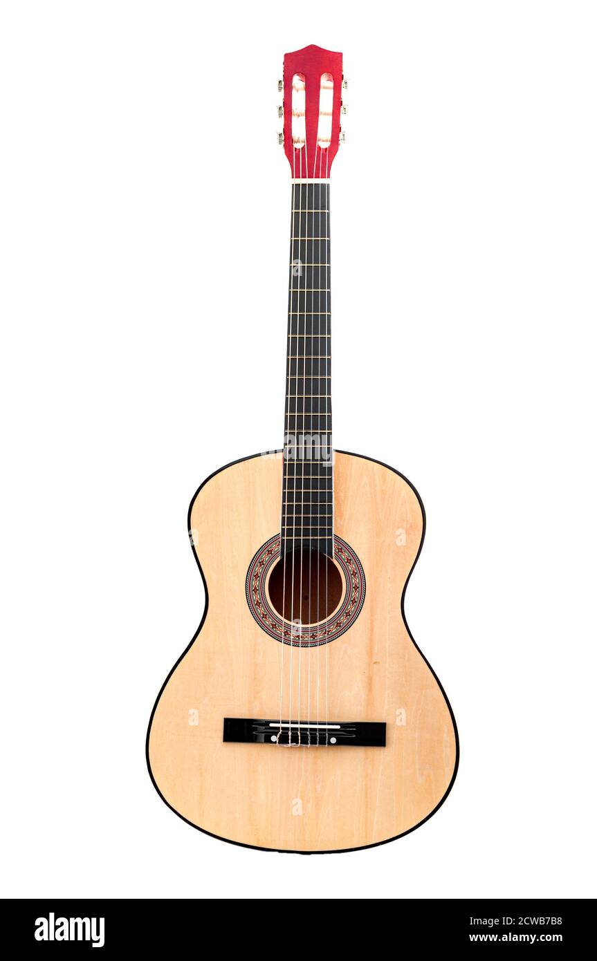 Strumenti musicali, hobby artistici e l'amore per la musica concept tema con una chitarra acustica classica isolato su sfondo con clip path cu Foto Stock