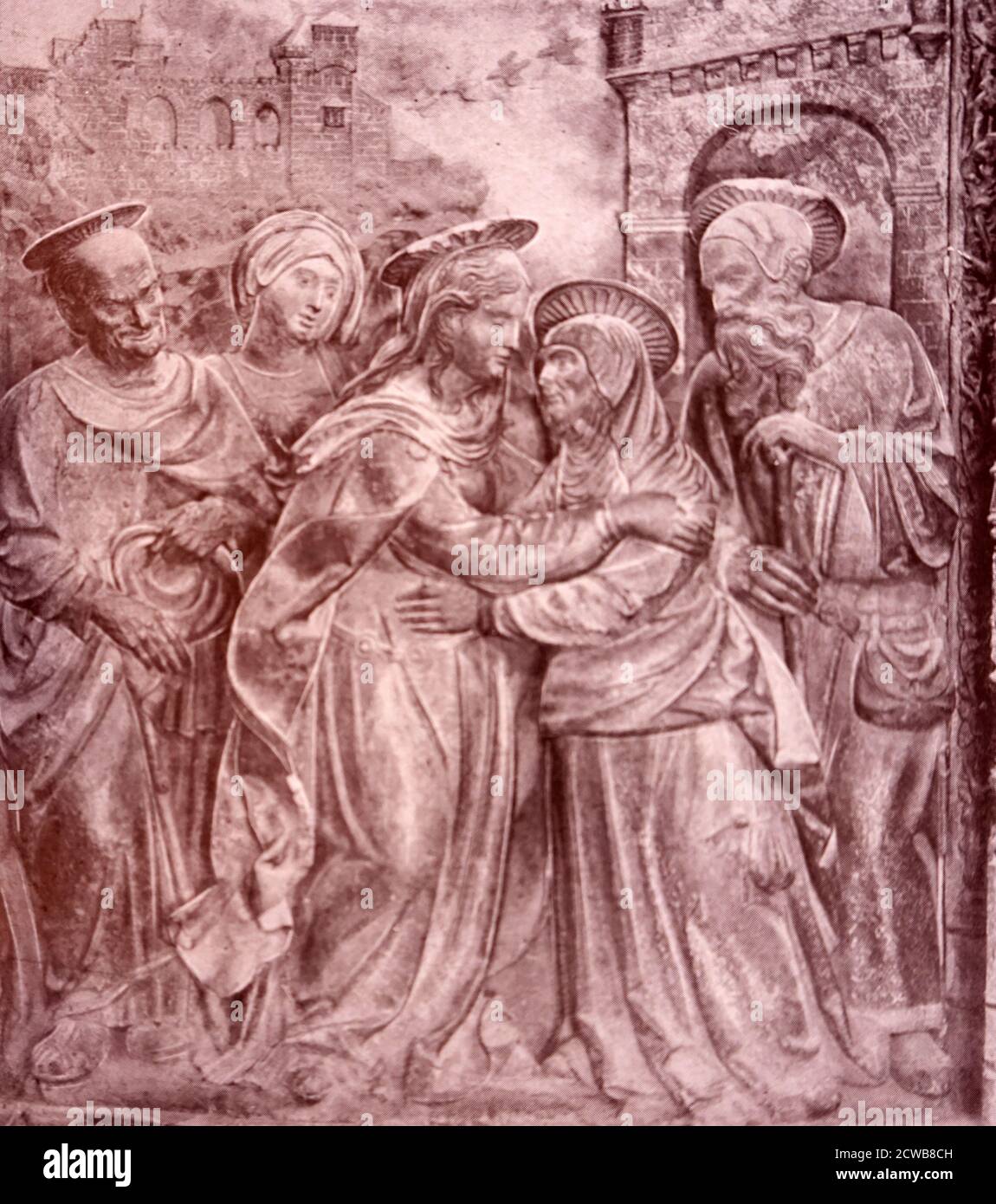 Particolare di una pala d'altare di Damian Forment, dall'altare maggiore del chiostro del Pilar de Zaragoza: La visita. Damia Forment (1480-1540) architetto e scultore spagnolo Foto Stock
