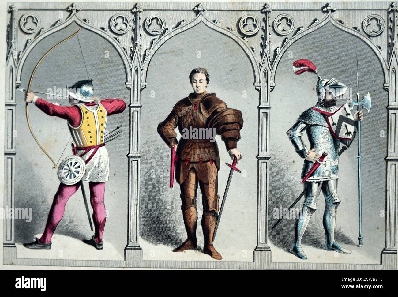 Illustrazione del 14 ° secolo un arciere inglese, nobile e cavaliere in armatura. Foto Stock