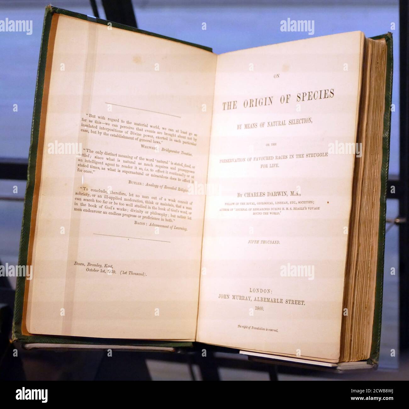 Il titolo della prima edizione di "on the Origin of Species", pubblicata il 24 novembre 1859, è un'opera di letteratura scientifica di Charles Darwin che è considerata il fondamento della biologia evolutiva. Foto Stock