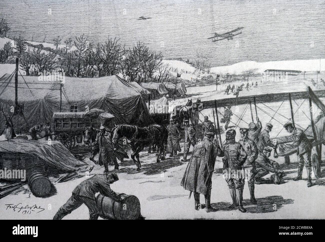 Campo aereo tedesco con aeromobili in prima guerra mondiale. 1916 Foto Stock