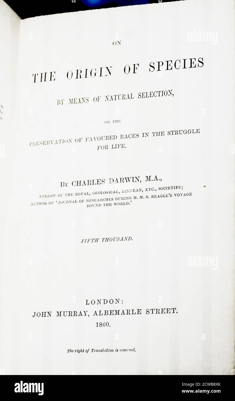 Il titolo della prima edizione di "on the Origin of Species", pubblicata il 24 novembre 1859, è un'opera di letteratura scientifica di Charles Darwin che è considerata il fondamento della biologia evolutiva. Foto Stock