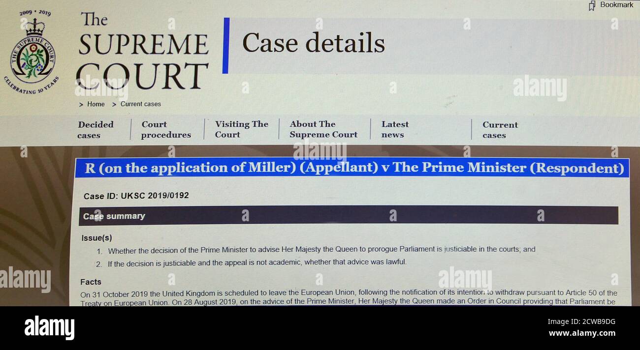 Pagina web della Corte Suprema di Londra che descrive la sfida legale alla Prorogazione del Parlamento , di Gina Miller. 17 settembre 2019. La proroga del Parlamento è stata ordinata dalla regina Elisabetta II su consiglio del primo ministro conservatore Boris Johnson, il 28 agosto 2019. I politici dell'opposizione lo hanno visto come un tentativo incostituzionale di ridurre il controllo parlamentare del piano Brexit del governo. Gina Nadira Miller è un imprenditore e attivista della Guyanese-britannica che ha avviato il 2016 R contro Segretario di Stato per aver chiuso il procedimento giudiziario dell'Unione europea contro il GO britannico Foto Stock