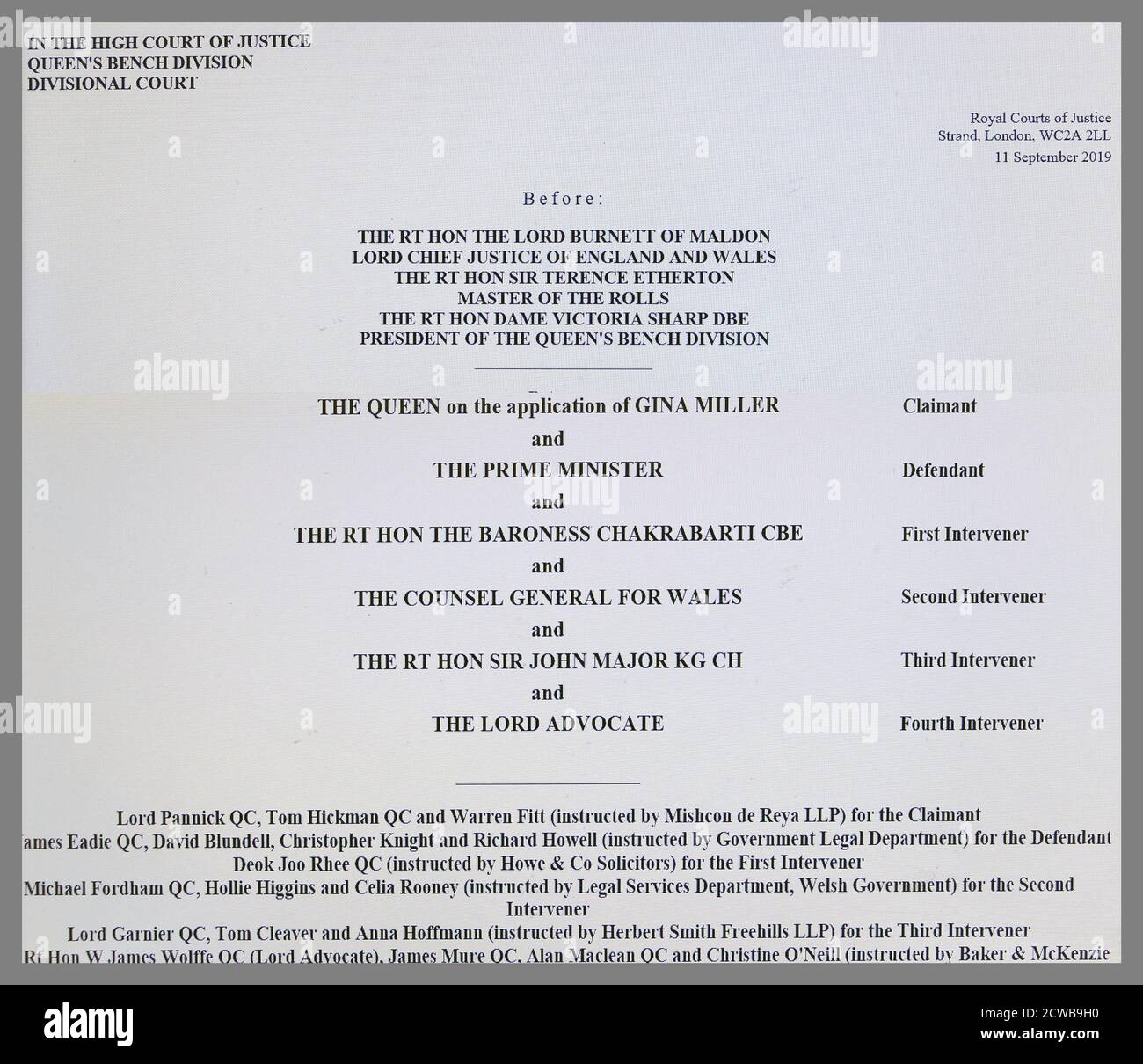 Pagina web della Corte Suprema di Londra che descrive la sfida legale alla Prorogazione del Parlamento , di Gina Miller. 17 settembre 2019. La proroga del Parlamento è stata ordinata dalla regina Elisabetta II su consiglio del primo ministro conservatore Boris Johnson, il 28 agosto 2019. I politici dell'opposizione lo hanno visto come un tentativo incostituzionale di ridurre il controllo parlamentare del piano Brexit del governo. Gina Nadira Miller è un imprenditore e attivista della Guyanese-britannica che ha avviato il 2016 R contro Segretario di Stato per aver chiuso il procedimento giudiziario dell'Unione europea contro il GO britannico Foto Stock