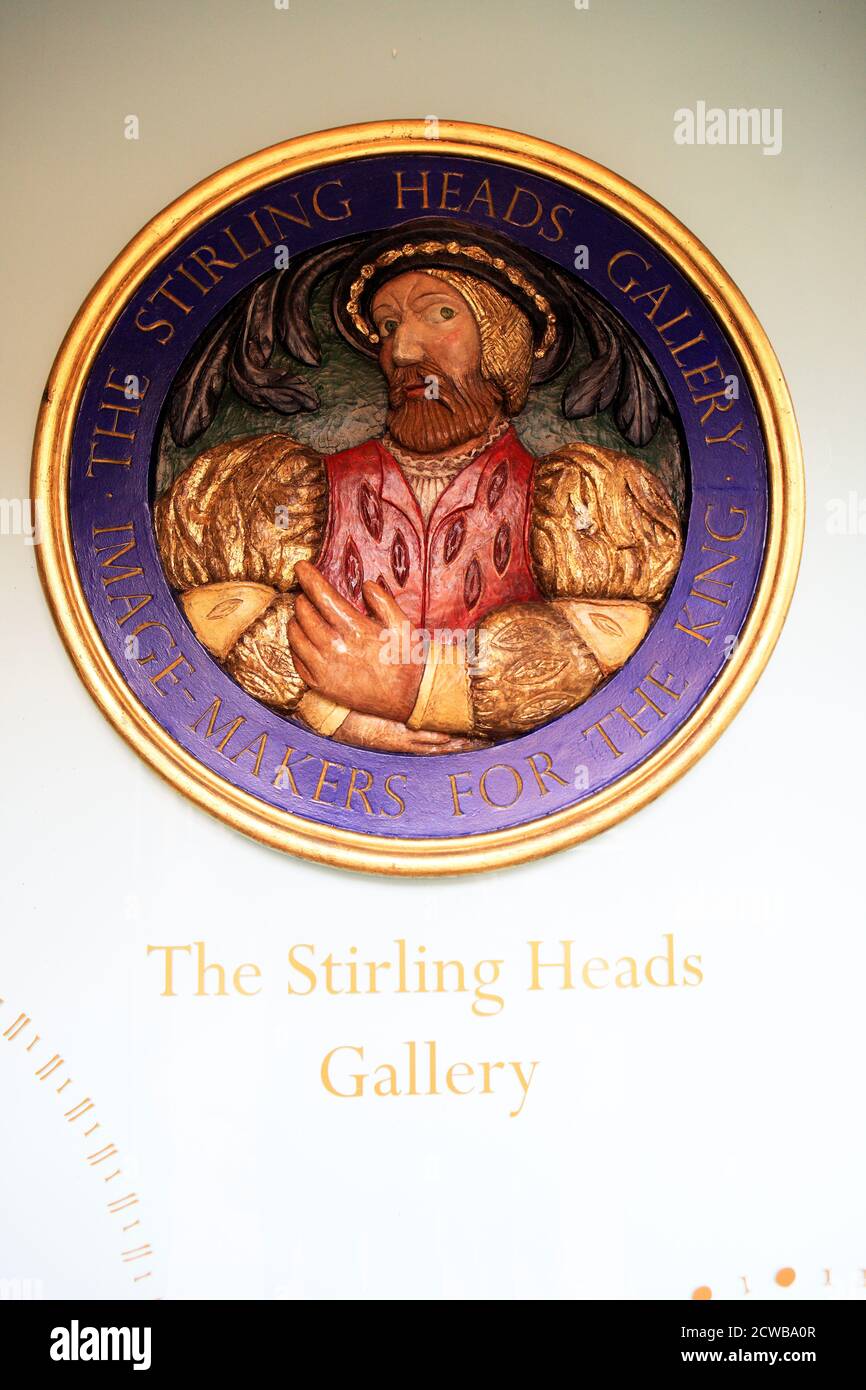 Targa all'ingresso della Stirling Heads Gallery at Castello di Stirling in Scozia Foto Stock