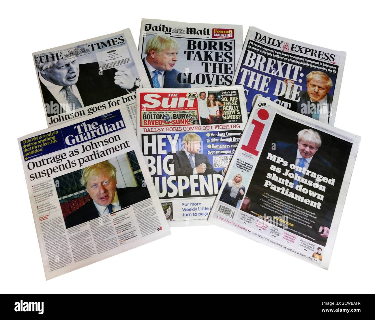 Rassegna delle prime pagine (29 agosto 2019) dei giornali britannici sulla proroga del parlamento da parte della Regina. Foto Stock