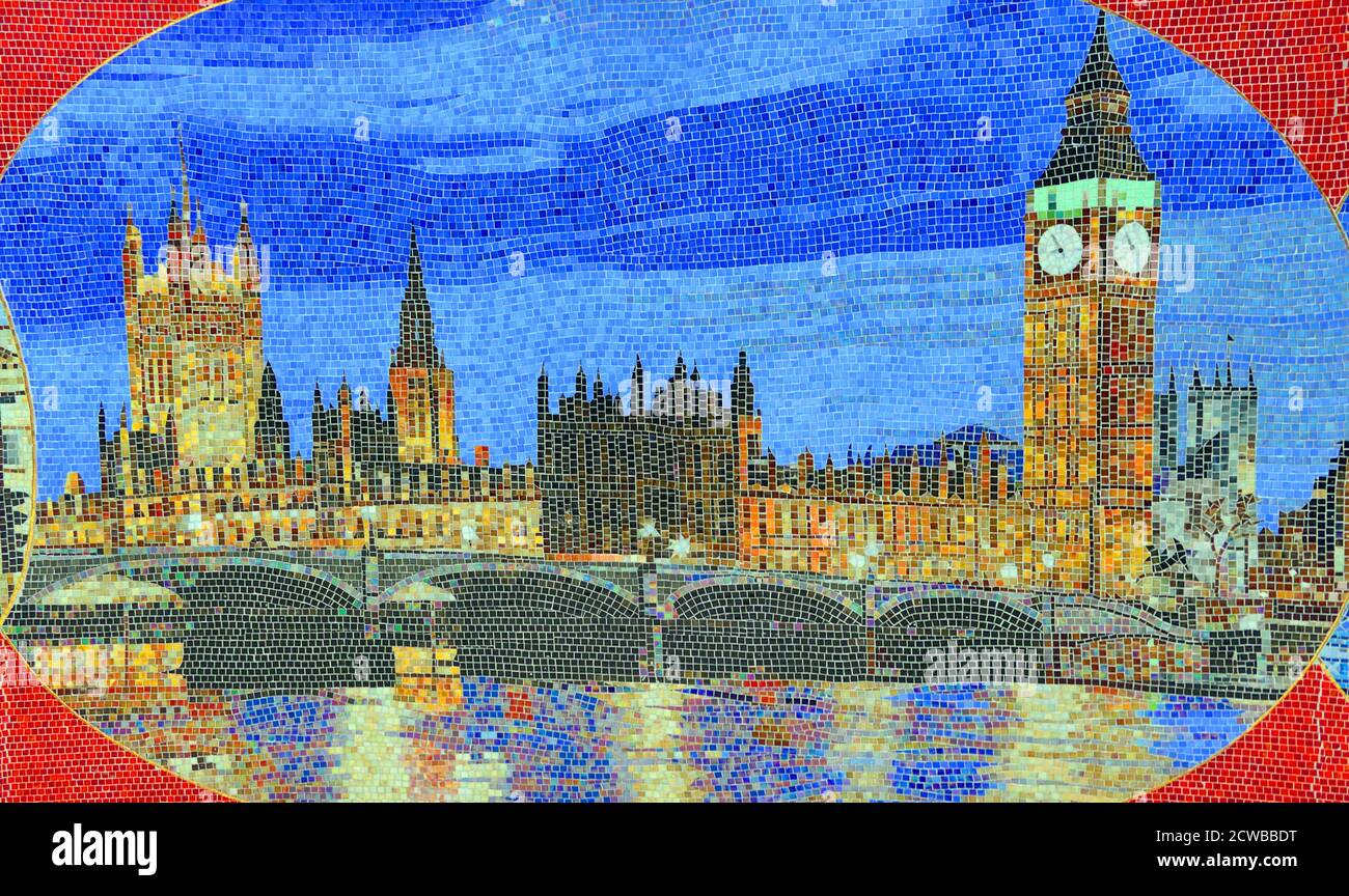 Mosaico raffigurante il punto di riferimento di Londra: Westminster Bridge, Big ben e Parliament, 2020. Atrium Hotel Heathrow, Londra. Foto Stock