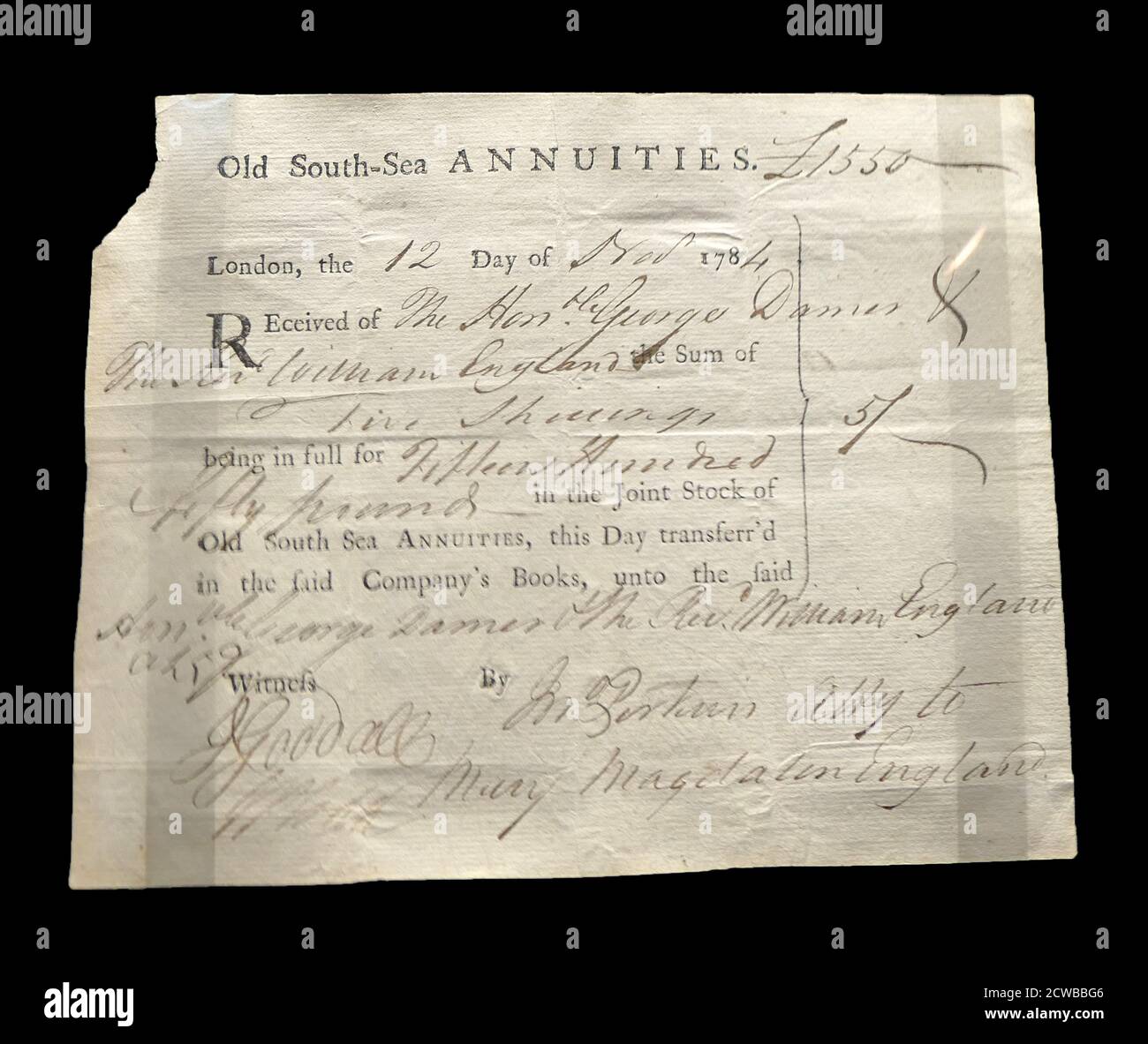 Certificato di condivisione del Mare del Sud. La South Sea Company era una società per azioni britannica fondata nel 1711 e che aveva concesso il monopolio degli scambi con le isole dei 'Seas Sud' e del Sudamerica. Le azioni delle società sono cresciute notevolmente in termini di valore man mano che hanno ampliato le proprie operazioni di negoziazione del debito pubblico, e hanno raggiunto il picco nel 1720 prima di crollare improvvisamente a poco al di sopra del prezzo di flottazione originale; la famigerata bolla economica così creata, che ha rovinato migliaia di investitori, è diventata nota come la bolla del Mare del Sud. Foto Stock