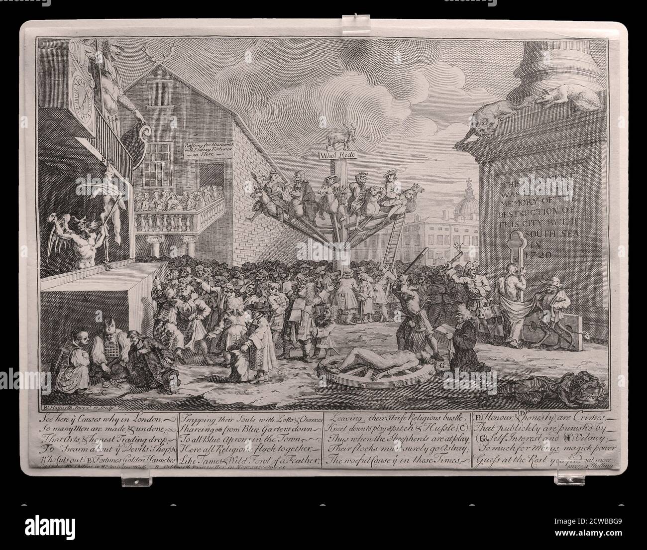 Lo schema del Mare del Sud 1721 da un'incisione di William Hogarth. La South Sea Company era una società per azioni britannica fondata nel 1711 e che aveva concesso il monopolio degli scambi con le isole dei 'Seas Sud' e del Sudamerica. Le azioni delle società sono cresciute notevolmente in termini di valore man mano che hanno ampliato le proprie operazioni di negoziazione del debito pubblico, e hanno raggiunto il picco nel 1720 prima di crollare improvvisamente a poco al di sopra del prezzo di flottazione originale; la famigerata bolla economica così creata, che ha rovinato migliaia di investitori, è diventata nota come la bolla del Mare del Sud. Foto Stock